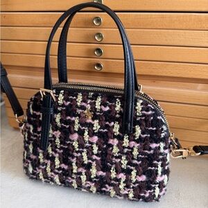 Tory Burch Emerson Tweed Mini Satchel Crossbody Bag Pink Black Gold Logo